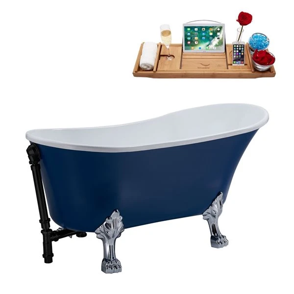 Streamline 26.8-in X 55.1-in Dark Blue Acrylic Oval Reversible Drain Clawfoot Bathtub - Tray Included - Image 5