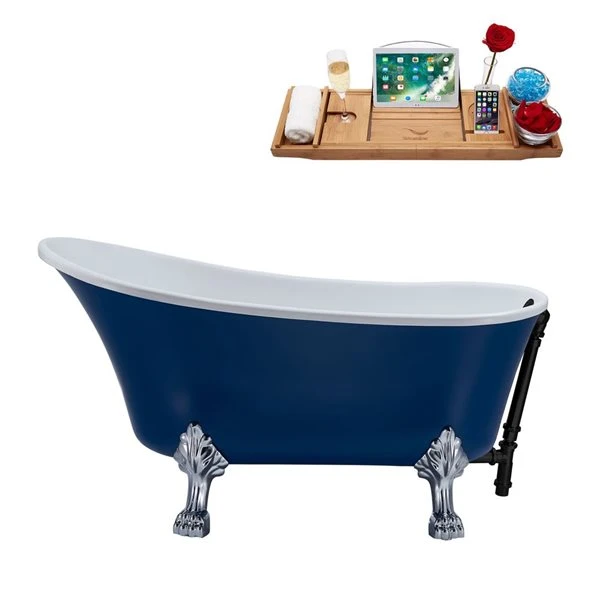 Streamline 26.8-in X 55.1-in Dark Blue Acrylic Oval Reversible Drain Clawfoot Bathtub - Tray Included - Image 4