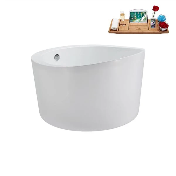 Streamline 43.3-in X 43.3-in Glossy White Acrylic Round Freestanding Bathtub And A Polished Chrome Reversible Drain With Tray - Image 3