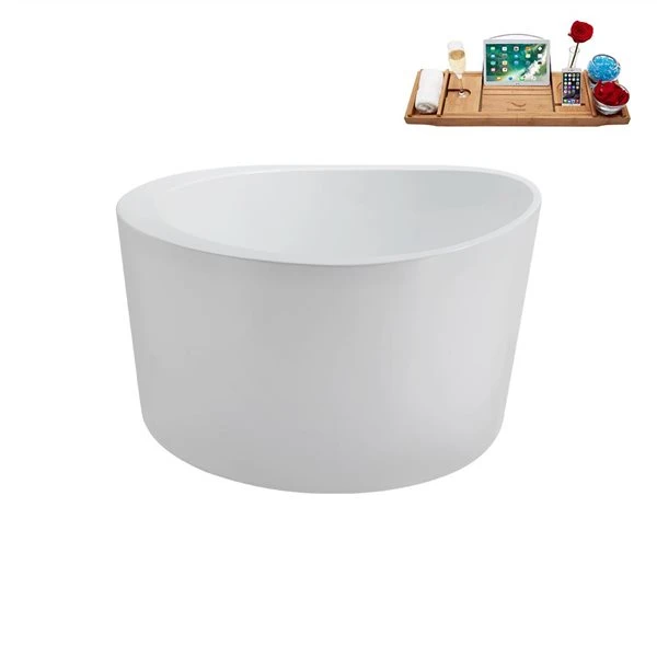 Streamline 43.3-in X 43.3-in Glossy White Acrylic Round Freestanding Bathtub And A Matte Black Reversible Drain With Tray - Image 4