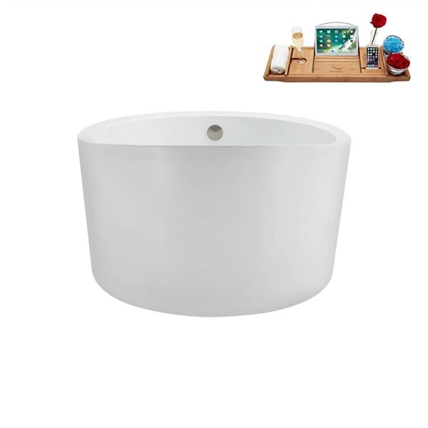 Streamline 43.3-in X 43.3-in Glossy White Acrylic Round Freestanding Bathtub And A Brushed Nickel Reversible Drain With Tray - Image 4