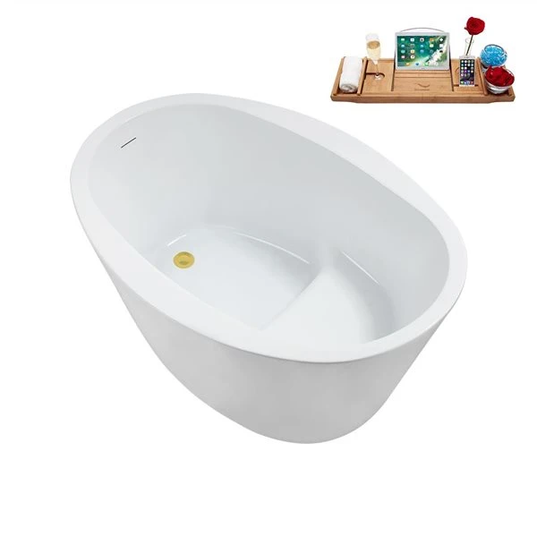 Streamline 35.4-in X 50.8-in Glossy White Acrylic Round Freestanding Bathtub And A Brushed Gold Reversible Drain With Tray - Image 4