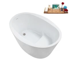 Streamline 35.4-in X 50.8-in Glossy White Acrylic Round Freestanding Bathtub And A Brushed Nickel Reversible Drain With Tray