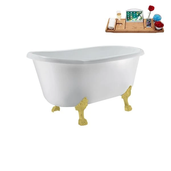 Streamline 29.5 X 57.5-in Glossy White Acrylic Clawfoot Bathtub And A Polished Gold Reversible Drain With Tray - Image 2