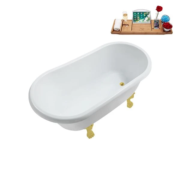 Streamline 29.5 X 57.5-in Glossy White Acrylic Clawfoot Bathtub And A Polished Gold Reversible Drain With Tray - Image 4