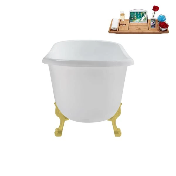 Streamline 29.5 X 57.5-in Glossy White Acrylic Clawfoot Bathtub And A Polished Gold Reversible Drain With Tray