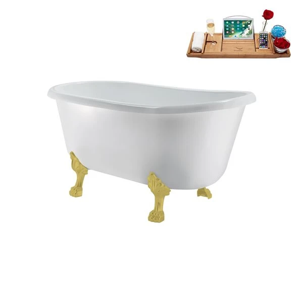 Streamline 29.5 X 57.5-in Glossy White Acrylic Clawfoot Bathtub And A Polished Gold Reversible Drain With Tray - Image 5