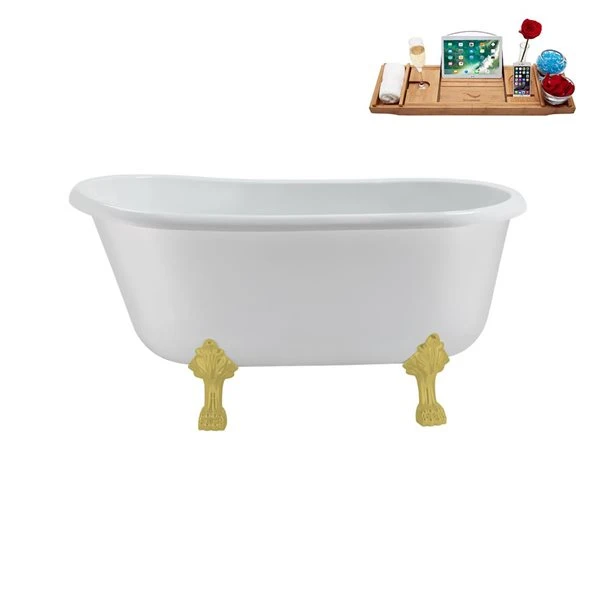 Streamline 29.5 X 57.5-in Glossy White Acrylic Clawfoot Bathtub And A Polished Gold Reversible Drain With Tray - Image 3