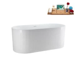 Streamline 27.6 X 59.1-in Glossy White Acrylic Freestanding Bathtub And A Matte Bronze Center Drain With Tray