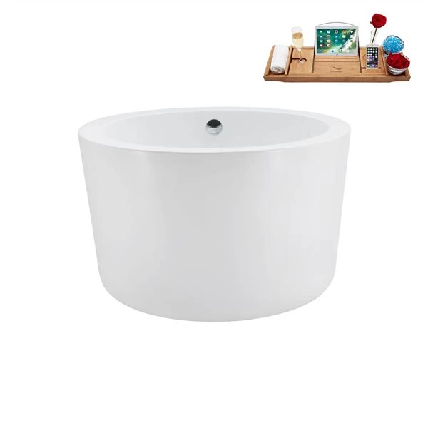 Streamline 41.1-in X 41.1-in Glossy White Acrylic Round Freestanding Bathtub And A Polished Chrome Center Drain With Tray - Image 4