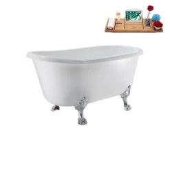 Streamline 29.5 X 63-in Glossy White Acrylic Clawfoot Bathtub And A Matte Black Reversible Drain With Tray