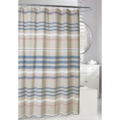 Moda At Home Restoration Cotton Striped Blue/Tan Striped Shower Curtain