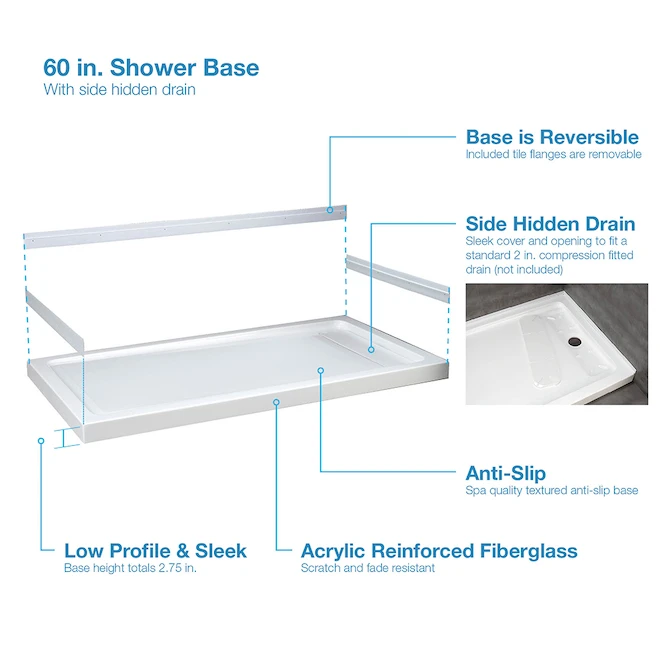 Ove Decors 60-in X 36-in White Acrylic Shower Base With Hidden Drain - Image 4